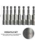 Magnetic One Quarter Inch Hex Shank Impact Nut Driver Set, 8 Piece, sizes 6-13 mm, Cr V Steel, shown with labeled sizes