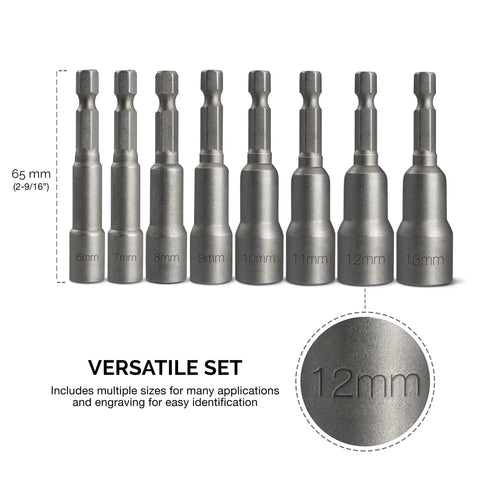 Magnetic One Quarter Inch Hex Shank Impact Nut Driver Set, 8 Piece, sizes 6-13 mm, Cr V Steel, shown with labeled sizes