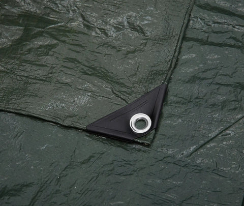 Close-up of a reinforced corner on a dark green Waterproof Camping Tarp With Reinforced Corners And Edges For All Weather Gear Protection