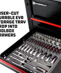 Beefy Socket And Ratchet Tool Set With Extensions And Deep And Shallow Sockets Organizer Tray 54 Piece in toolbox drawer