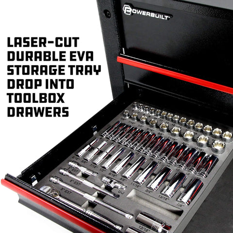 Beefy Socket And Ratchet Tool Set With Extensions And Deep And Shallow Sockets Organizer Tray 54 Piece in toolbox drawer