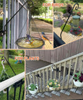 Solid As A Rock Heavy Duty Deck Hooks For Hanging Flower Baskets Bird Feeders And String Lights mounted on rail with plants and birds.