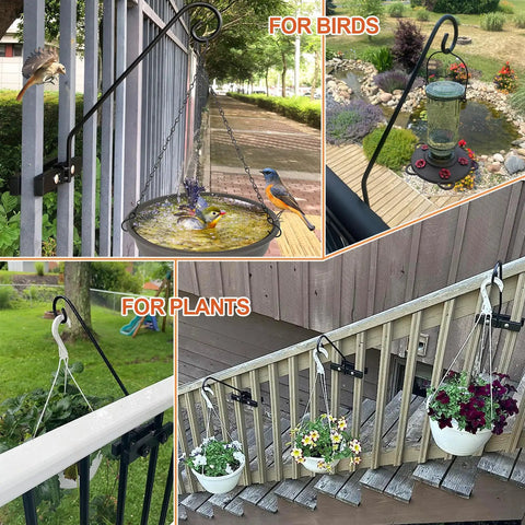 Solid As A Rock Heavy Duty Deck Hooks For Hanging Flower Baskets Bird Feeders And String Lights mounted on rail with plants and birds.