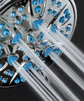 Close-up of Antimicrobial High Pressure Shower Head With Anti Clog 6 Setting Handheld Spray Microban Protection, water jets visible