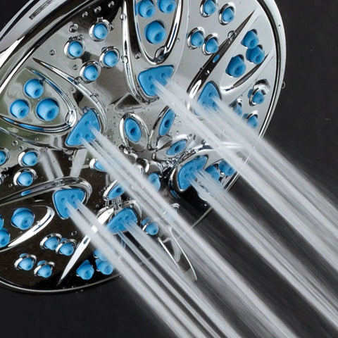 Close-up of Antimicrobial High Pressure Shower Head With Anti Clog 6 Setting Handheld Spray Microban Protection, water jets visible