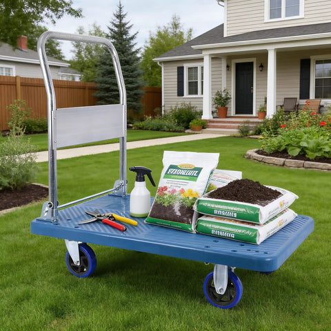 Heavy Duty Foldable Push Cart Dolly with tools and soil bags on a yard, showcasing smooth rolling swivel wheels for easy transport.