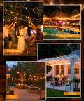 100 Ft Outdoor String Lights With 100 Plus 2 G40 LED Bulbs Shatterproof IP65 Waterproof Dimmable End To End Connectable Up To 7 Strands showcasing different outdoor setups like front porch, swimming pool, deck, and pergola.