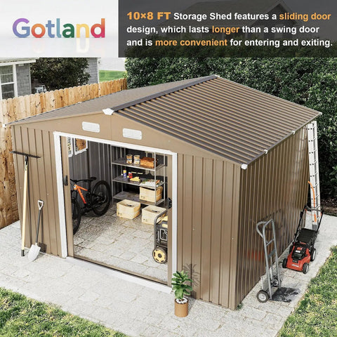 10x8 Foot Outdoor Storage Shed With Large Window Durable Metal Construction Sloped Roof Air Vents And Two Lockable Sliding Doors Perfect Backyard Organization For Tools Ladders Garden Gear Brown, showing sliding doors open with tools inside