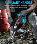 ENEACRO 1-1/4 in SDS-Plus rotary hammer drill, blue/black with auxiliary handle in use