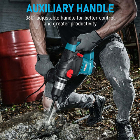 ENEACRO 1-1/4 in SDS-Plus rotary hammer drill, blue/black with auxiliary handle in use