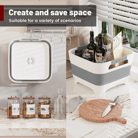 2.6 Gallon Collapsible Wash Basin With Drain Plug For Baby Bottles And Dishes, shown folded and holding kitchen items
