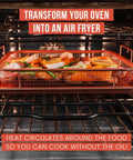 Copper Air Fryer Tray Set For Oven And Toaster Oven, 2 Piece Basket And Baking Pan in oven with vegetables, illustrating even airflow.