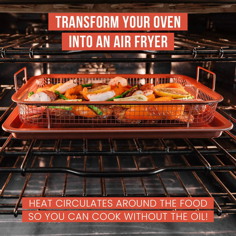 Copper Air Fryer Tray Set For Oven And Toaster Oven, 2 Piece Basket And Baking Pan in oven with vegetables, illustrating even airflow.