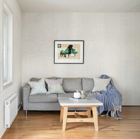 Living room with Cosmo Collection Natural Paper Weave Grasscloth Wallcovering 36 Inch Wide By 8 Yards in dim grey ivory.