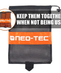 NEO-TEC six-pack tree felling wedges in black mesh carry pouch with orange logo band.