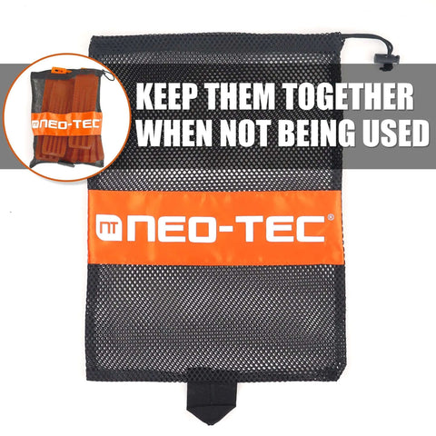 NEO-TEC six-pack tree felling wedges in black mesh carry pouch with orange logo band.