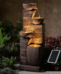 38.2 Inch Solar Powered Outdoor Water Fountain With Four Tier Cascading Bowls And Stacked Stones LED Lights Dual Charging
