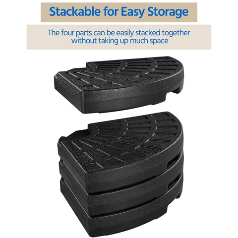 Heavy Duty Four Piece 13 Liter Water And Sand Filled Cantilever Offset Outdoor Umbrella Base Stand For Patio With Weather Resistant HDPE Construction In Black, shown stacked for easy storage.