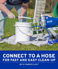 Pro Grade Airless Paint Sprayer With Fully Adjustable Pressure and a rugged stainless steel piston pump connected to a hose for cleanup.