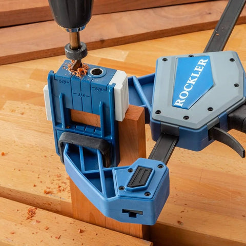 3/8 Inch Doweling Jig Kit With Drill Bit And Stop Collar in use on wooden board with dual edge stops