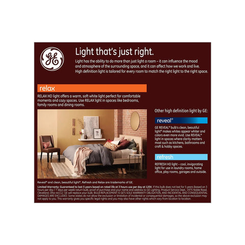 Relax LED Indoor Floodlight Bulb Four Pack 8W Equivalent To 65W Soft White HD Light packaging with room image