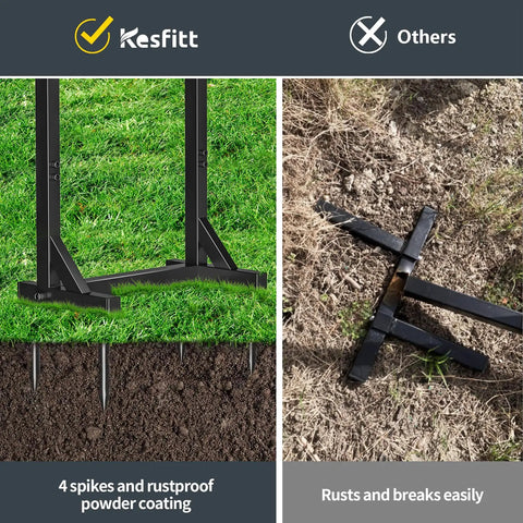 Comparison of Heavy Duty Garden Hose Holder Stand with Four Spikes on grass versus rusted stand on dry soil