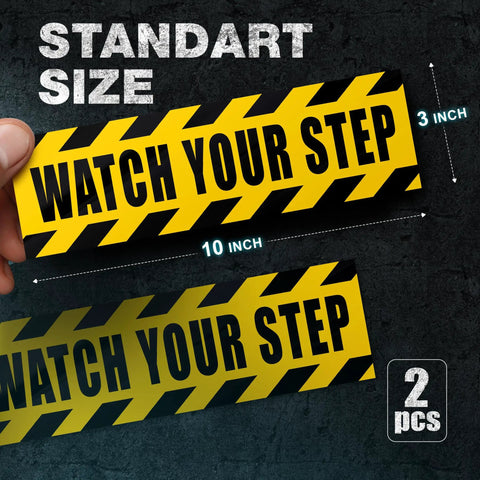 Caution Floor Decals 10x3 Inches Yellow Reflective Stickers For Steps Waterproof Self Adhesive Signage Watch Your Step With Bold Black Lettering And Diagonal Stripes Two Pack shown in standard size