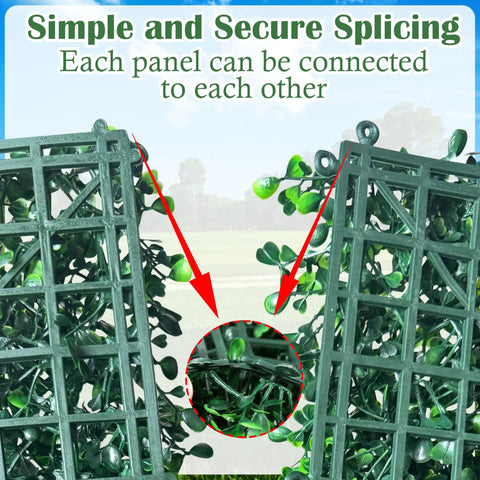 Thick Fake Boxwood Panels 12 Pack 20 By 20 Inches Privacy Hedge Screens showing interlocking feature for secure connection.