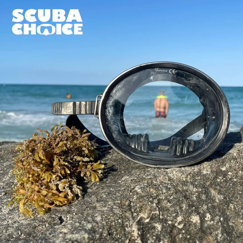 Free Dive Spearfishing Mask With Classic Rubber Finish and Tempered Glass Lenses Oval Stainless Steel Frame by the sea