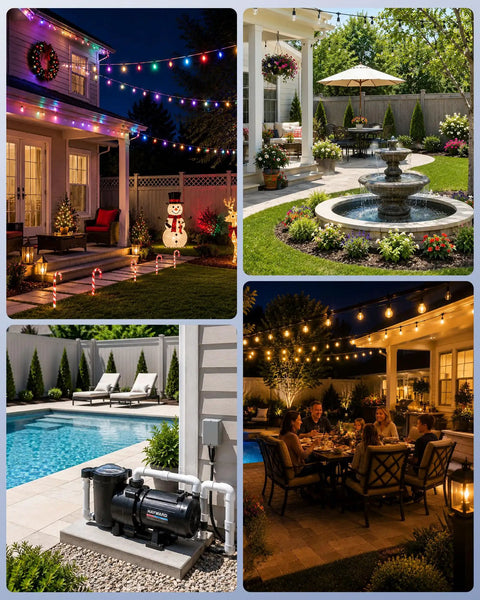 Heavy Duty Seven Day Programmable Outdoor Timer With Solid Locking Plug Smart Swap For Pool Gear And Lawn Lights Smooth Plug And Play Setup Boosts Yard Flow 15 Amp 120 Volt Rating Lets You Run Flexible Daily On Off Cycles Effortlessly in illuminated backyard setting.