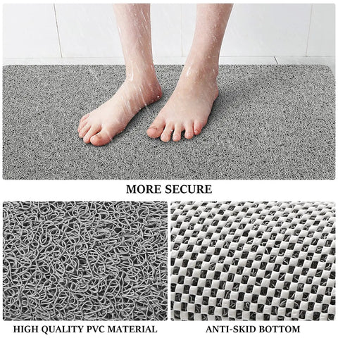 Super Chill Non Slip Shower Mat With Quick Dry Drain Holes And Sticky Traction Phthalate Free PVC Bathroom Must Have Quick Drying Loofah Texture Grey 24X16 Inches Plus Drain featuring feet on a textured mat.