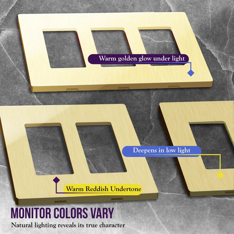 Screwless Decorator Wall Plate 2-Gang Brushed Gold Outlet Cover, showing warm golden glow under varied lighting, polycarbonate.
