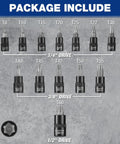 Thirteen-piece Built Tough Torx Bit Socket Set with 1/4, 3/8, 1/2 inch drives, T8-T60 S2 steel bits and CR-V sockets displayed.