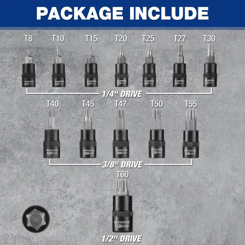 Thirteen-piece Built Tough Torx Bit Socket Set with 1/4, 3/8, 1/2 inch drives, T8-T60 S2 steel bits and CR-V sockets displayed.