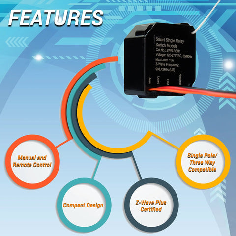 Features of Hidden Z-Wave Plus Smart Relay For Lights And Ceiling Fans, 120-277 VAC, 10A, Neutral Wire Required, Installs Behind Wall Switch