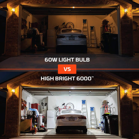 Comparison of 60W light bulb with Ultra Bright 6000 Lumen Garage Light That Screws Into Any Standard Socket, showing increased brightness.