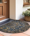 Decorative circular doormat in front of a door with plants nearby, emphasizing design not matching focus product description.