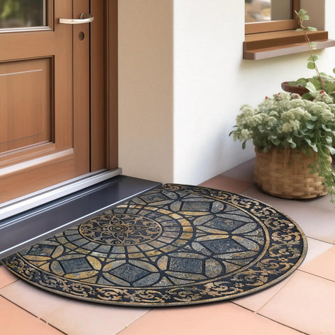 Decorative circular doormat in front of a door with plants nearby, emphasizing design not matching focus product description.