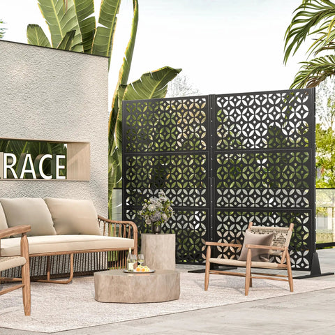 Metal Privacy Screen Outdoor 72 Inches Tall Freestanding Privacy Fence With Sturdy Stands Cross Shaped Decorative Panels
