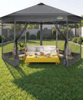 16x16 Pop Up Gazebo Hexagon Canopy Tent With Mosquito Netting, 256 Sq Ft Shade set up in backyard, showing steel frame