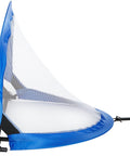 Side view of Two Pack Portable Two Point Five Foot Blue Soccer Goals For Kids With Quick Pop Up Setup and ground stakes.