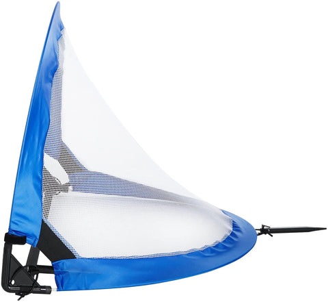 Side view of Two Pack Portable Two Point Five Foot Blue Soccer Goals For Kids With Quick Pop Up Setup and ground stakes.