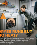 Concerned woman with non-heating dryer; Gas Dryer Repair Kit With 279311 Igniter 338906 Flame Sensor And 279834 Valve Coil for Whirlpool.