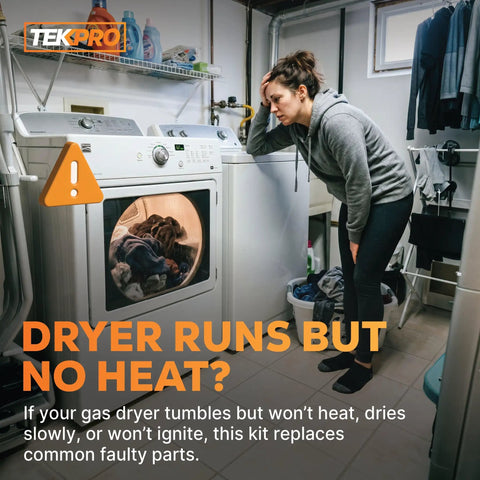 Concerned woman with non-heating dryer; Gas Dryer Repair Kit With 279311 Igniter 338906 Flame Sensor And 279834 Valve Coil for Whirlpool.