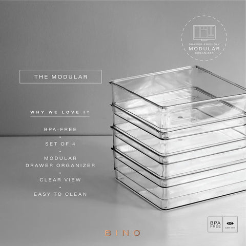 Modular 4 Piece Drawer Organizer Bin Set For Desk And Vanity All In One Storage Solution Durable BPA Free Clear Bins Stacked