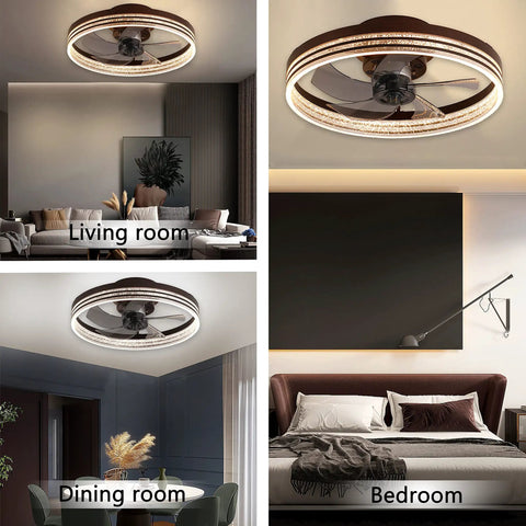 Smart Low Profile Bladeless Ceiling Fan With Lights 19.7 Inch Flush Mount in living room and bedroom settings