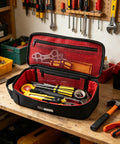 Heavy Duty Small Tool Bag Pouch For EDC Organizer With Handle 12 Inch Portable Toolbox Cordura 1000D Water Resistant Base Padded Interior Black in a workshop setting, open with tools visible. Sturdy design.