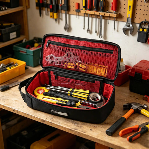 Heavy Duty Small Tool Bag Pouch For EDC Organizer With Handle 12 Inch Portable Toolbox Cordura 1000D Water Resistant Base Padded Interior Black in a workshop setting, open with tools visible. Sturdy design.