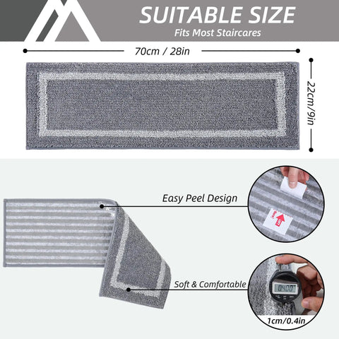 Cozy Stair Treads Non Slip Carpet Mats 28x9 Inches, soft grey polyester with TPE backing, shown with easy peel design for indoor steps.