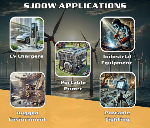 Various applications of Heavy-Duty 14/3 SJOOW Cable Cord, 200 Ft 14 Awg, including EV chargers and industrial settings.